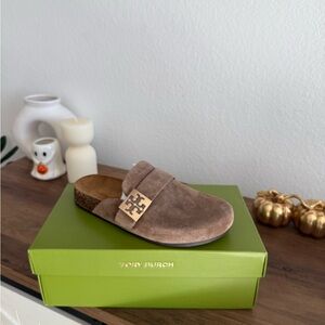 Tory Burch Taupe Suede Slide with Gold Logo